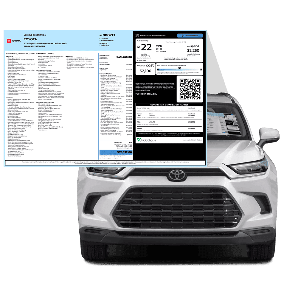 Sample vehicle window sticker generated from VIN data